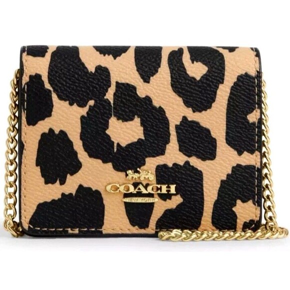 New Coach CX151 Mini Wallet on Chain Leopard Multi Animal Print - Picture 1 of 7